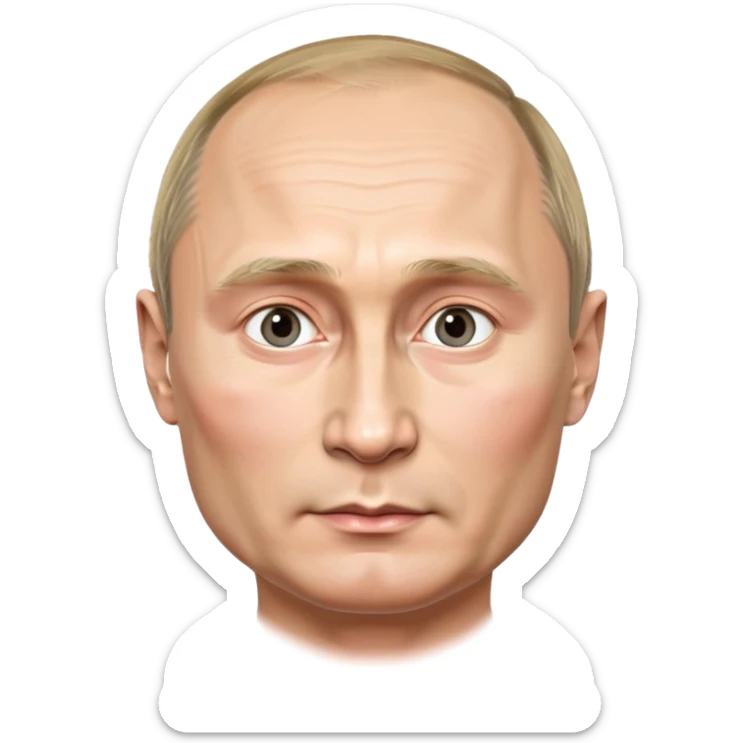 Photorealistic portrait of Vladimir Putin, 4K quality, round face, extremely detailed and realistic, cool and confident look, smooth and polished, neutral background sticker