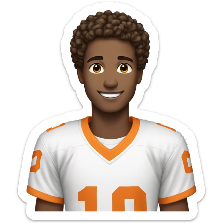 Boy, 20 years old, light skin, dark brown hair, hair short and curly, brown eyes, has freckles, smiling, wearing a white jersey  sticker