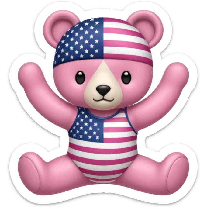 osito de peluche cafe claro con ropita rosa claro y estapado de la bandera de usa y otro con una liga de pilates en la cabeza y con ropa deportiva sticker