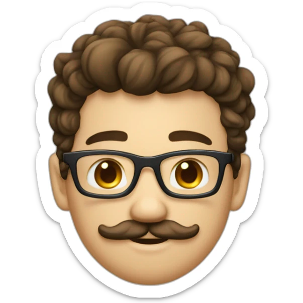 jeune homme cheveux bouclé et brun, fine lunette et moustache sticker