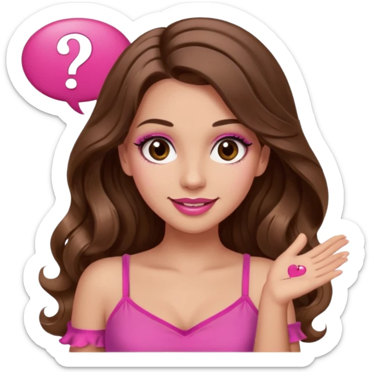 girl with long wavy brown hair, brown eyes, long lashes makeup, sexy pink lips, light to medium complexion, wearing a pink sexy top, shugging, smiling, question mark one speech bubble sticker