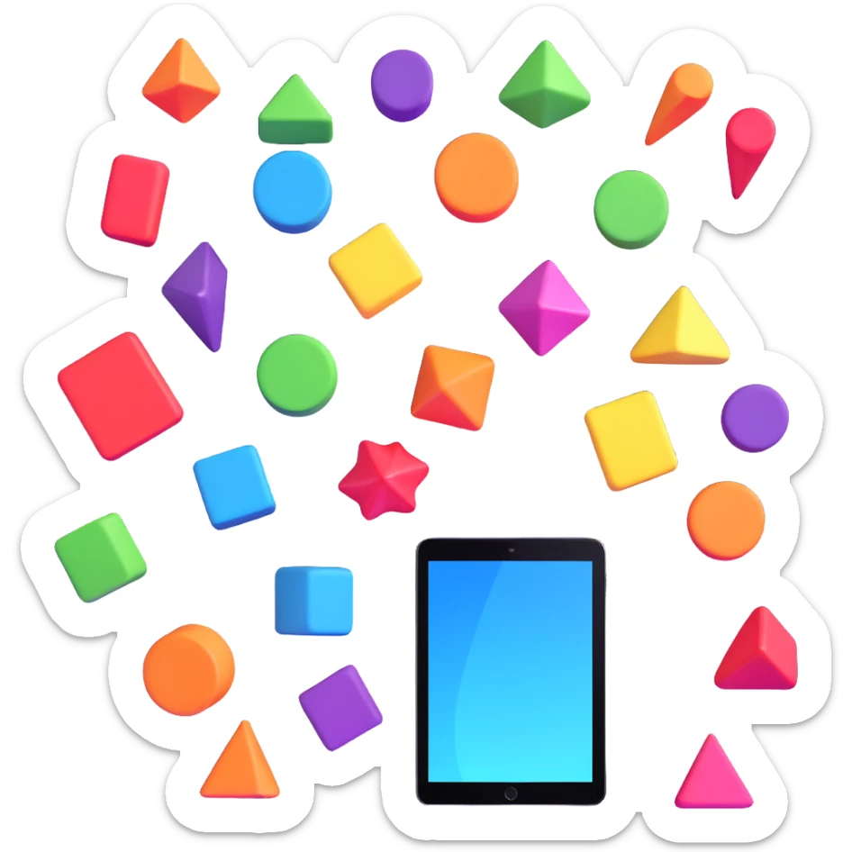 3D surreal iPad with vibrant colors and whimsical shapes, Apple-inspired sticker