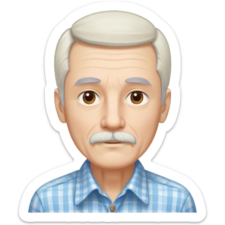 Skinny man in his 70s with fair skin. Long narrow face. Gentle light brown eyes. Fine straight white hair with light bangs, hair length extends below the ears. Thin eyebrows. White goatee connected to mustache. Slender appearance. Wearing a light blue and beige checkered button-up shirt. sticker