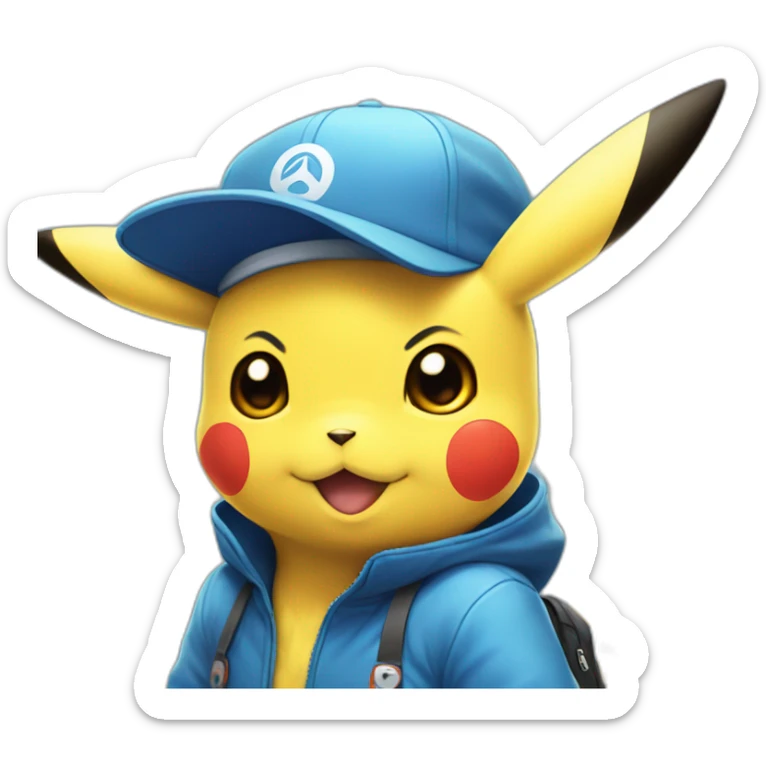 pikachu in blue train station suit wearing blue cap with pokemon symbol in the middle sticker