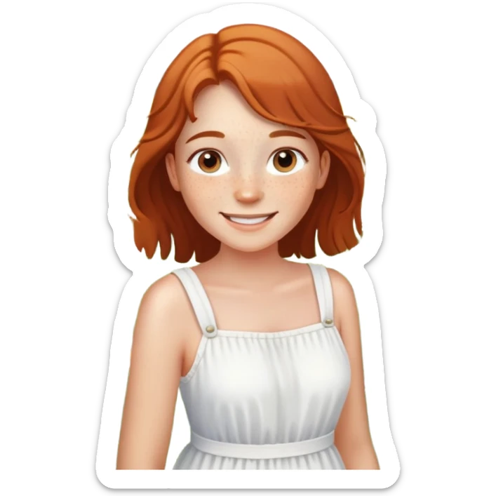  A smiling girl with freckles, wearing a white sundress, standing in a field of daisies. sticker