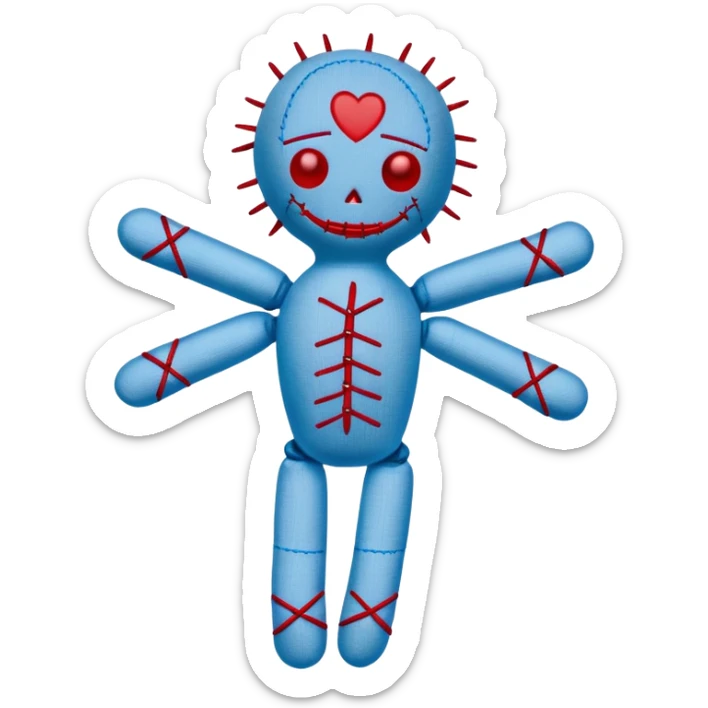 A voodoo doll made of fabric with Carolina blue (light blue) body and red stitches, with pins stuck in it sticker