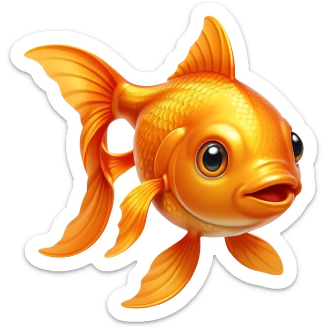 Cinematic Cute Orange Goldfish Portrait Emoji, Head tilted playfully and inquisitively, featuring a glossy, vibrant orange body with delicate, flowing fins, round, sparkling golden eyes filled with curiosity, Simplified yet irresistibly adorable features, highly detailed, glowing with a warm, friendly glow, high shine, affectionate and lively, stylized with a touch of whimsy, bright and endearing, soft glowing outline, capturing the essence of a mischievous yet loving goldfish, so playful it feels like it could swim out of the screen and into your heart! sticker