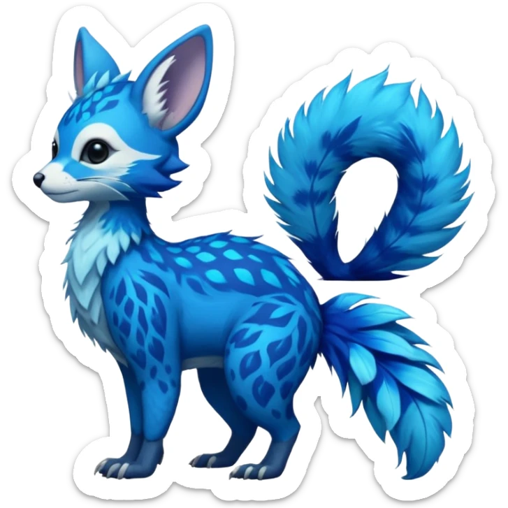 Feral Rare Fantasy vibrant tropical cobalt-blue and cyan Vernid-Trico-species-creature by LiLaiRa, random markings, tufted tail, tufted ears, full body sticker