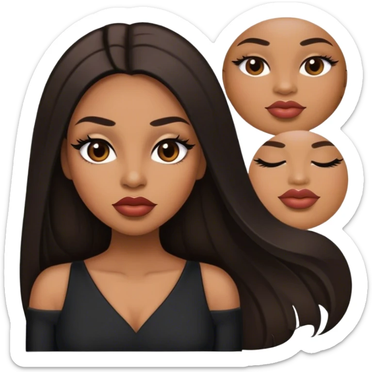 light brown skin tone, very beautiful woman, with big plump lips, long long lashes, black straight long hair, middle hair parting, brown eyes, black dress, sticker