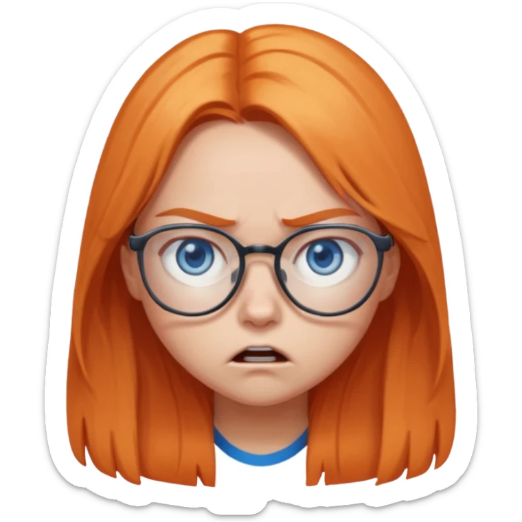 a girl with blue eyes, glasses and light orange long hair angry sticker