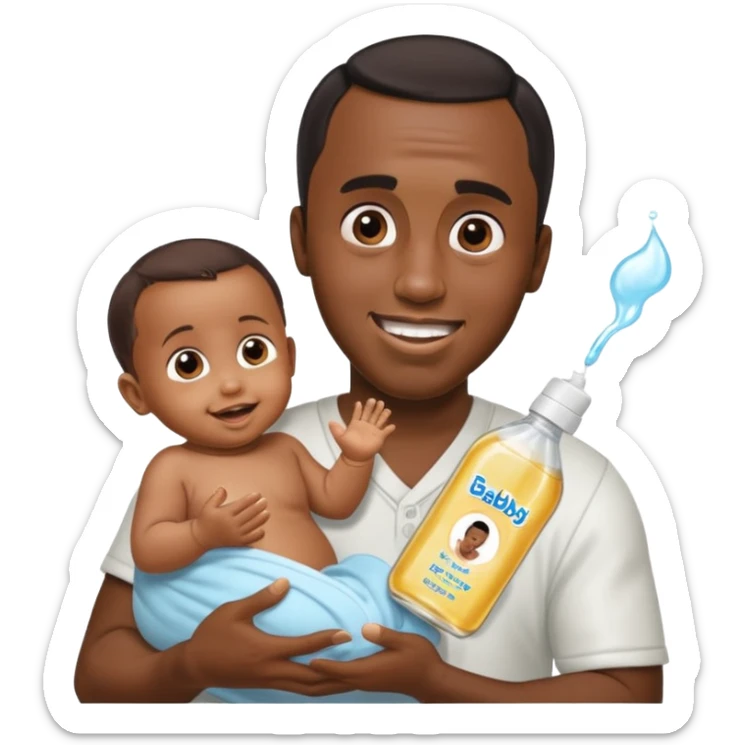 Sean “Diddy” Combs with baby oil and a very small infant and he’s pouring the baby oil on the baby and they have a scared face they’re really scared while diddy is happy sticker