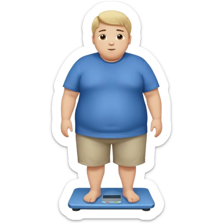 A young slightly overweight male with short dark-blonde hair, medium-light skin, and a relieved facial expression. He stands on a scale, visibly noticing he has lost weight. He wears blue cloth. His posture shows a mix of surprise and relief, with relaxed shoulders and a gentle smile. sticker