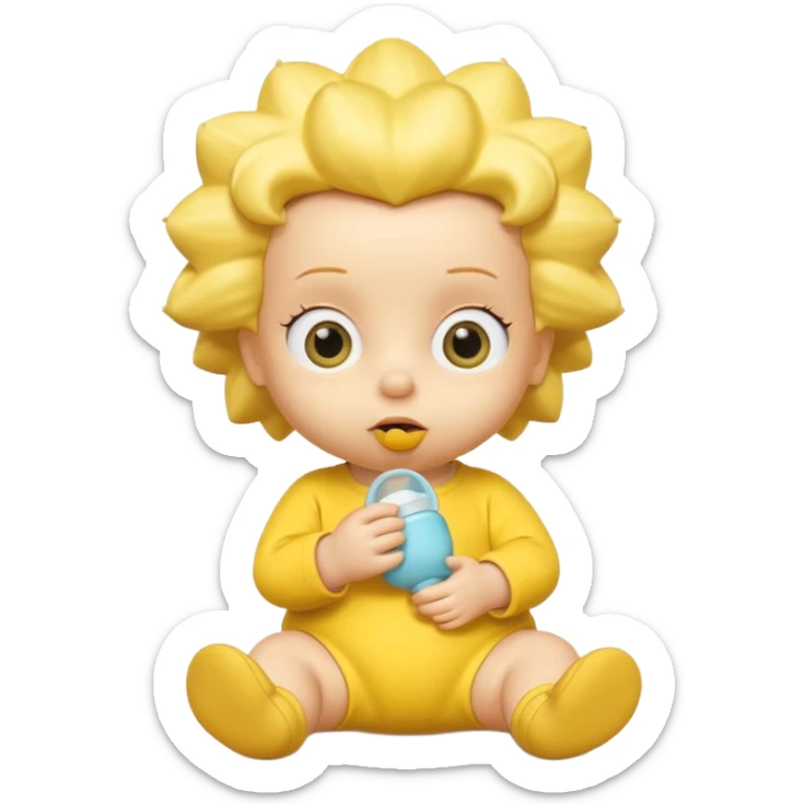 A 3D cartoon baby character entirely yellow, styled like Maggie Simpson, with pacifier, yellow onesie, big eyes, smooth shading, Memoji-style rendering, consistent with other yellow Simpsons characters, yellow skin tone. sticker