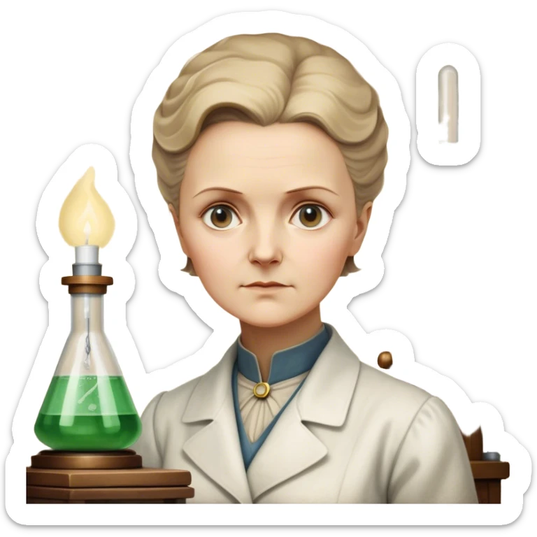 Cinematic Realistic Marie Curie Portrait Emoji, depicted as a pioneering scientist with a determined gaze in period attire, rendered with detailed textures and soft intellectual lighting that captures her groundbreaking legacy. sticker