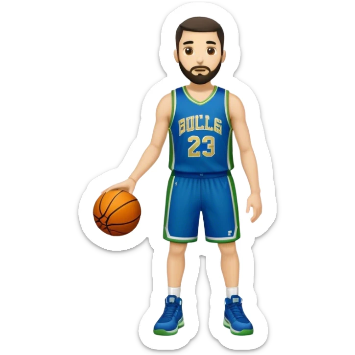 Full Body  white male basketball player with short dark hair and gold tee beard wearing blue and green uniform sticker