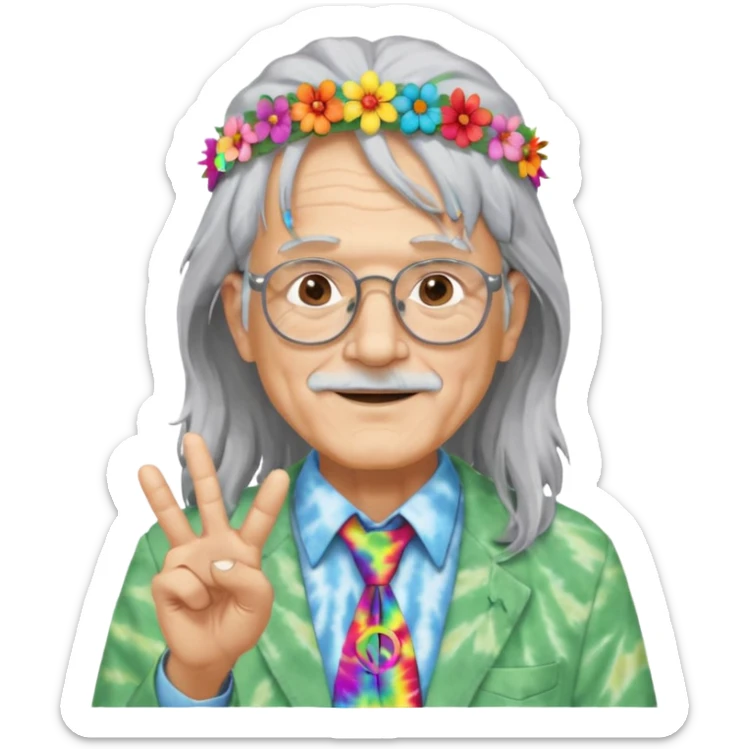 elderly man with long grey hair, glasses, peace sign necklace, tie-dye clothing, flower crown sticker