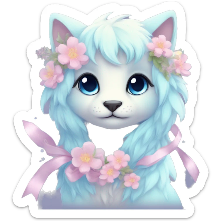 Anthro Cute Cool Blushing Pastel Innocent Shy Kawaii gorgeous sparkly ethereal fantasy animal creature with blue eyes furry sona with flowers and ribbons beautiful aesthetic sticker