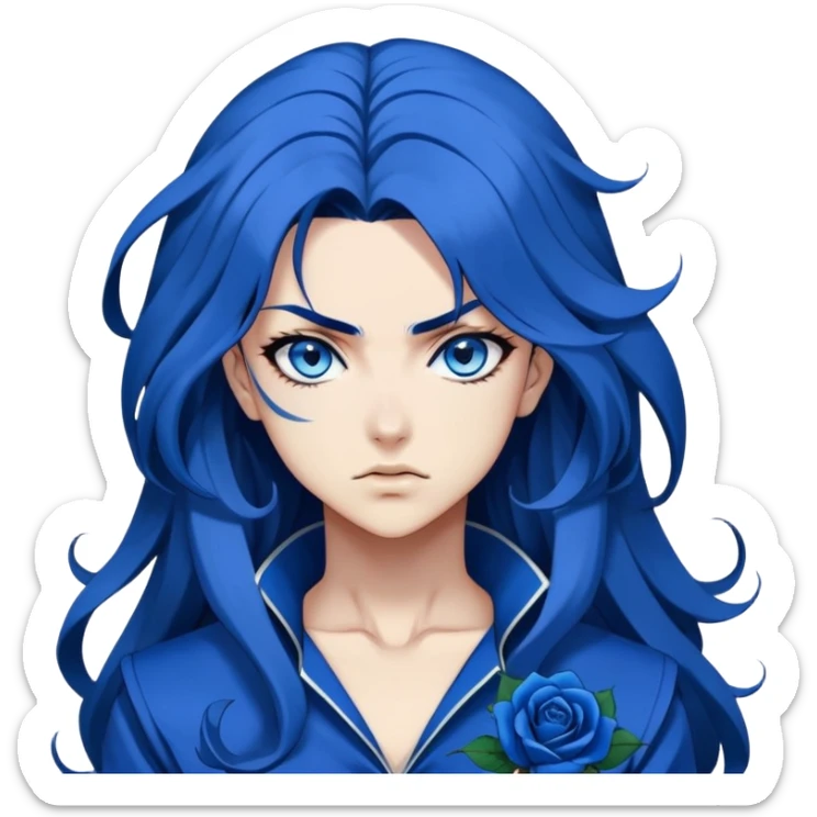 head portrait of anime girl with long dark blue hair, blue rose in hair, fierce blue eyes, extremely intense JoJo's Bizarre Adventure style expression, dramatic angle, bold outlines, strong shading sticker