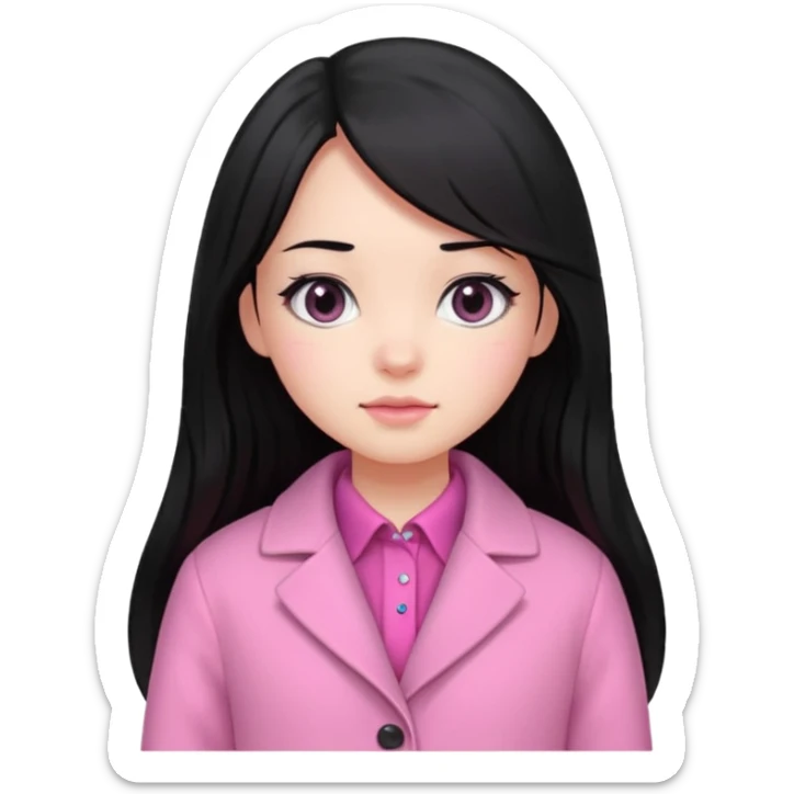 A cute girl, long black hair with 🎀, black eyes, wearing a pink coat and a pink shirt inside  sticker
