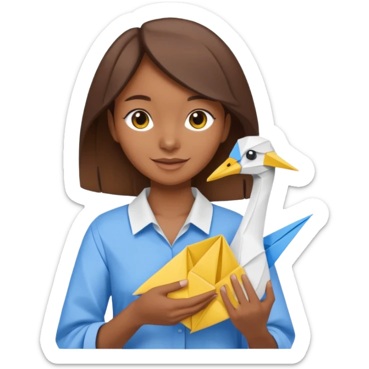 happy-african-young-girl-with-brown-hair-in-a-white-kanga-shirt-holds-an-origami-yellow-and-blue-crane sticker