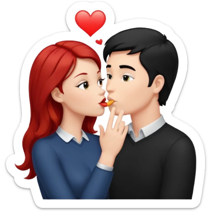 white man with black hair and redhead woman blowing eachother a kiss  sticker
