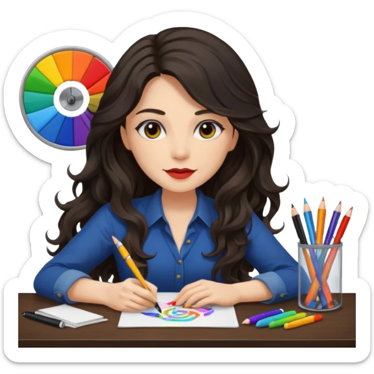 female dark wavy long hair graphic designer , color wheel, pens, papers , desktop sticker