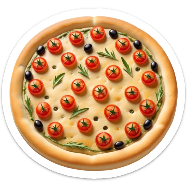 cinematic-realistic-focaccia-bread-dish-emoji,-depicted-as-a-golden,-olive-oil-brushed-flatbread-sprinkled-with-herbs-rendered-with-lifelike-texture-and-soft,-appetizing-lighting showing olives on top and the cherry tomatoes sticker