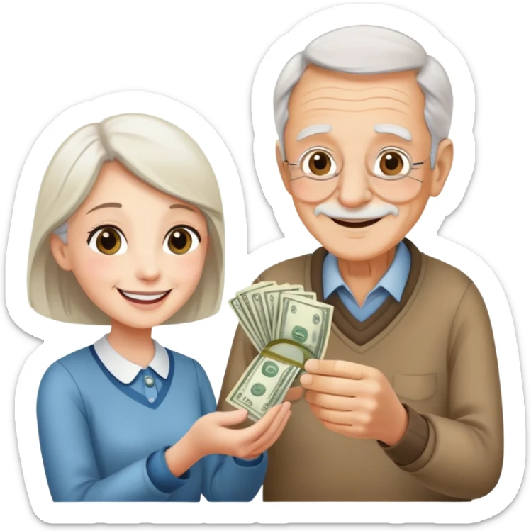 Kind elderly grandfather giving money to young adult woman who needs financial help, supportive family moment sticker