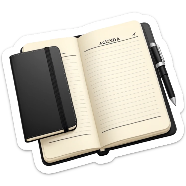 A classic black Moleskine notebook open to show an agenda page with meeting items and bullet points sticker