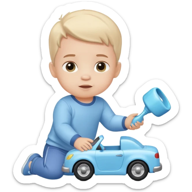 cute toddler boy with pastel blue clothes playing with a blue toy car sticker