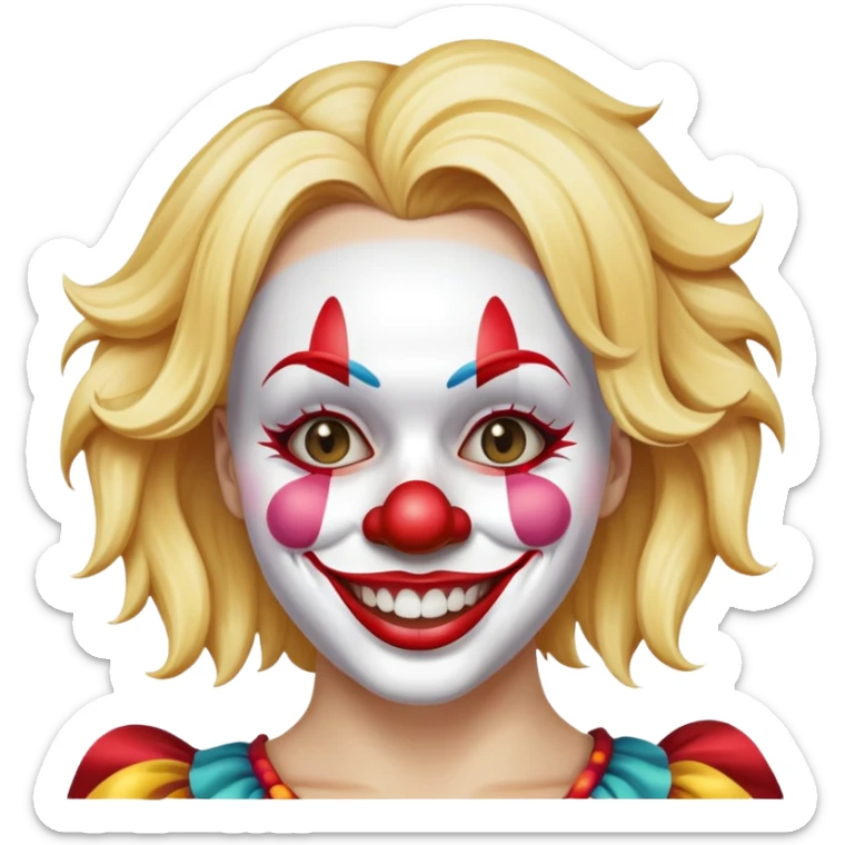 a blonde woman making a good decision acting like a fool holding a clown mask prop sticker