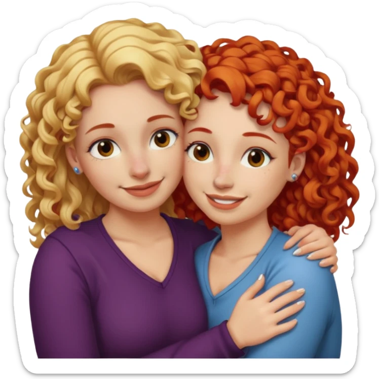 A woman with straight, blonde hair and a nose piercing and a woman with curly red hair and a nose piercing are hugging and smiling together. sticker
