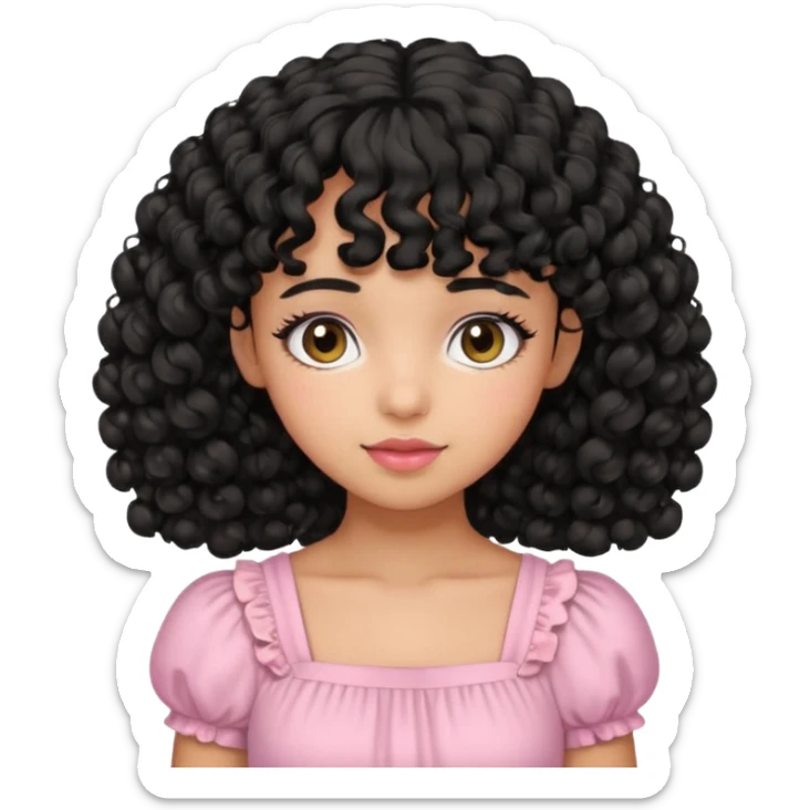 uma menina fofa de pele oliva e cabelos pretos encaracolados e com franja encaracolada e um vestido rosa pastel sticker