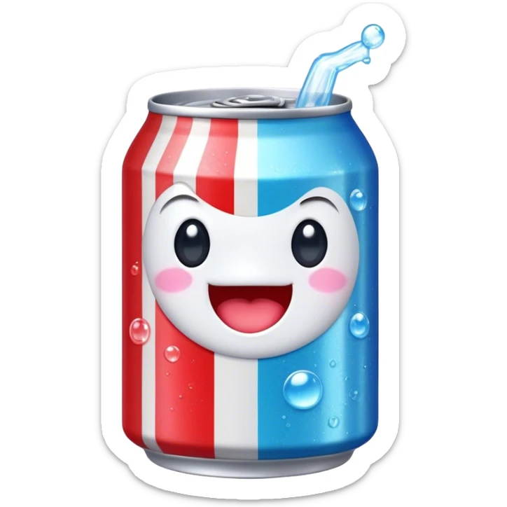 Cute Kawaii Soda Can, bubbly and vibrant, bright red and blue stripes, playful fizz popping around, a chubby happy face with wide sparkling eyes, energetic and refreshing! sticker