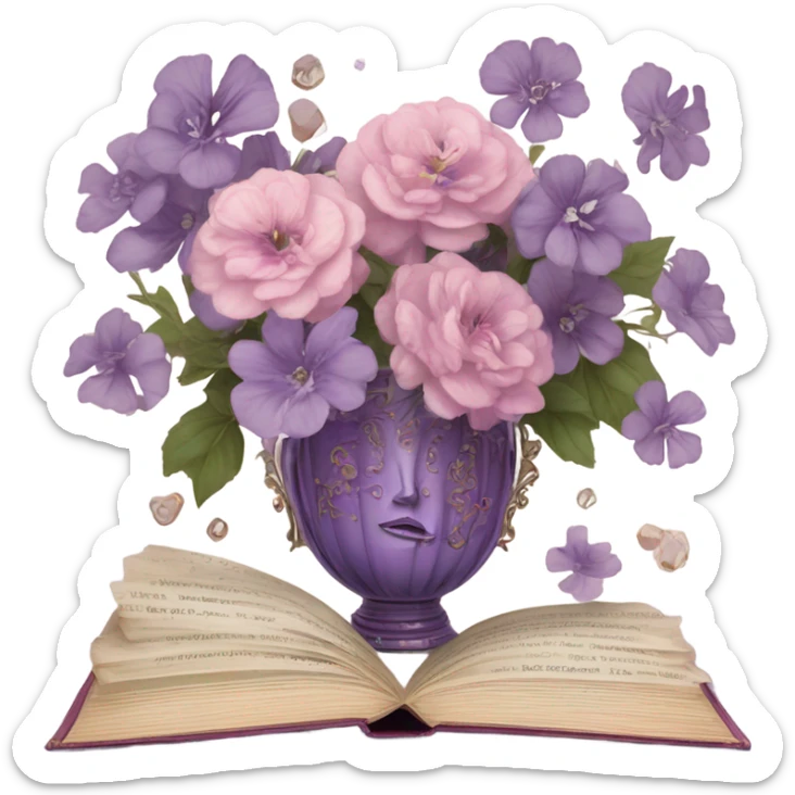 An aesthetic arrangement of a violet vintage book and pink flowers in a glass vase, surrounded by antique letters sticker