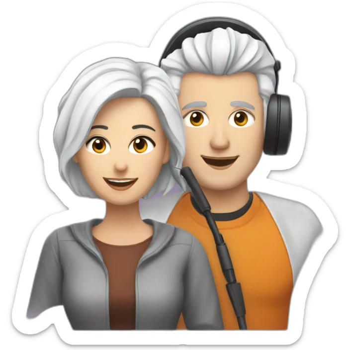 White man with dark hair and woman with short white hair, podcasting with mics and a MacBook sticker