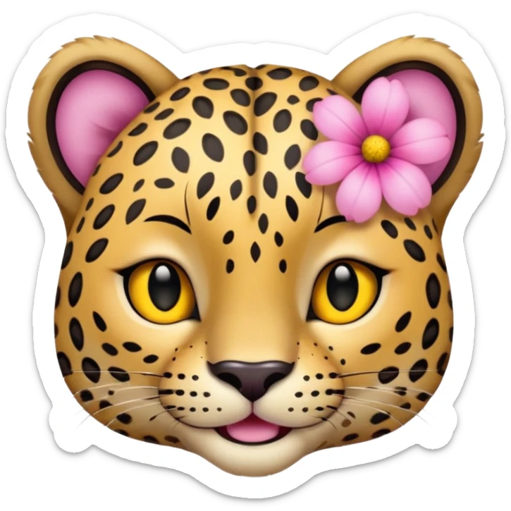 A leopard with peaceful smile, A pink flower with a yellow center is tucked behind its right ear
 sticker