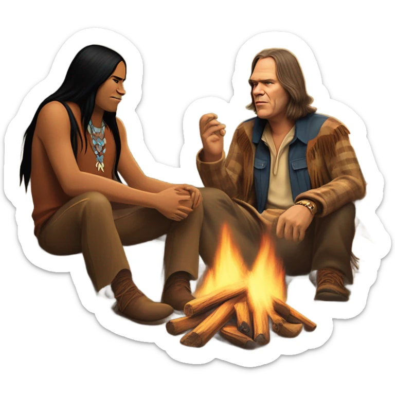 Neil young from the 70’s sitting around a fire with Pocahontas and Marlon Brando sticker