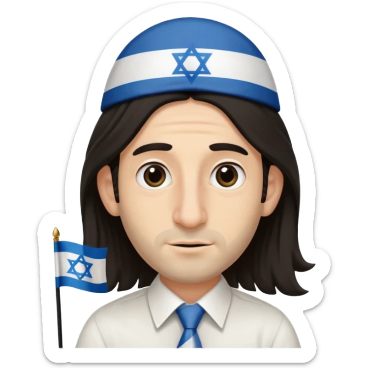 jewish jew man's face, wearing a tiny black kippah and 2 thin long hair strands near the ears, big nose, only face, no body, no mustache, holding israel flag sticker