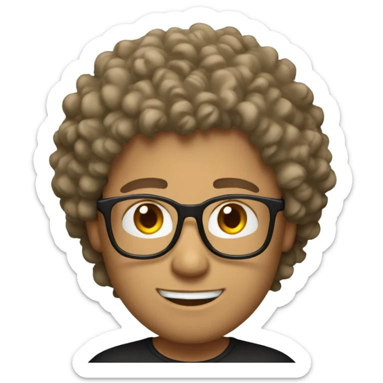 White man with small beared curly hairs in black t shirt wearing glasssess sticker