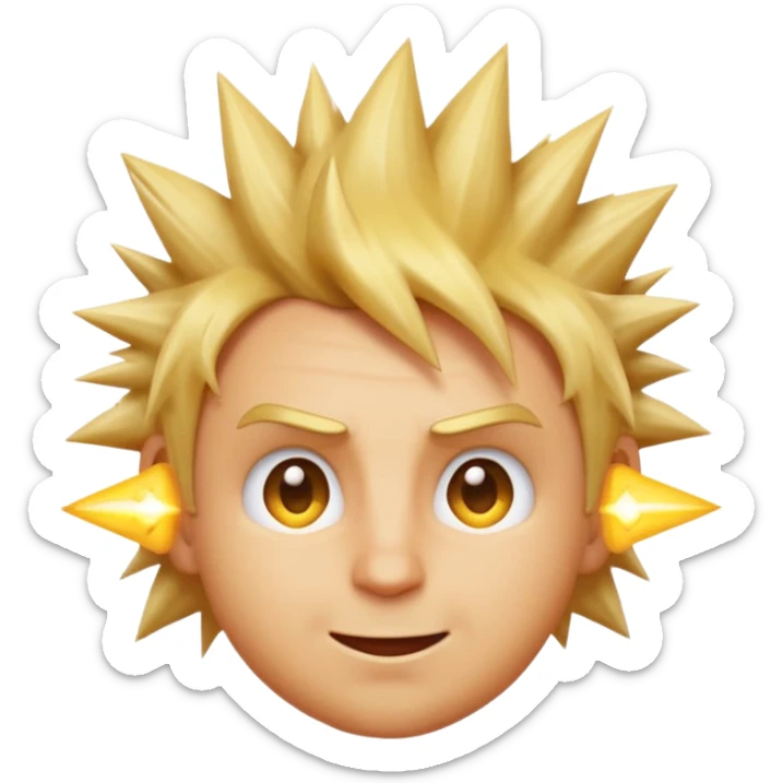 A spiky-haired golden blonde emoji adult face with a mischievous knowing grin, one raised eyebrow, and a tiny electric spark near the hair — indie game character style on a warm amber background. sticker