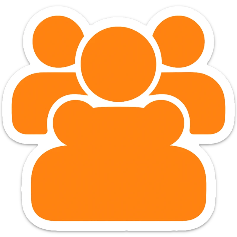 Increase the number of people inside the silhouette, ensure the shape is fully filled with no borders, and the color is exactly orange #fe6601, with a transparent background. sticker