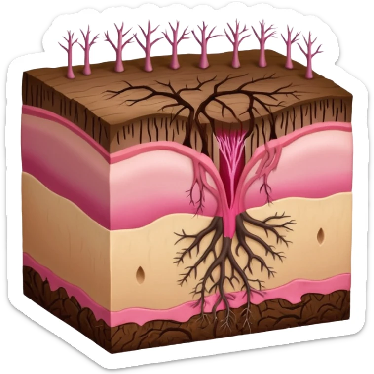 hair follicle cross-section, showing skin layers, root, and growing hair, with pink colors sticker