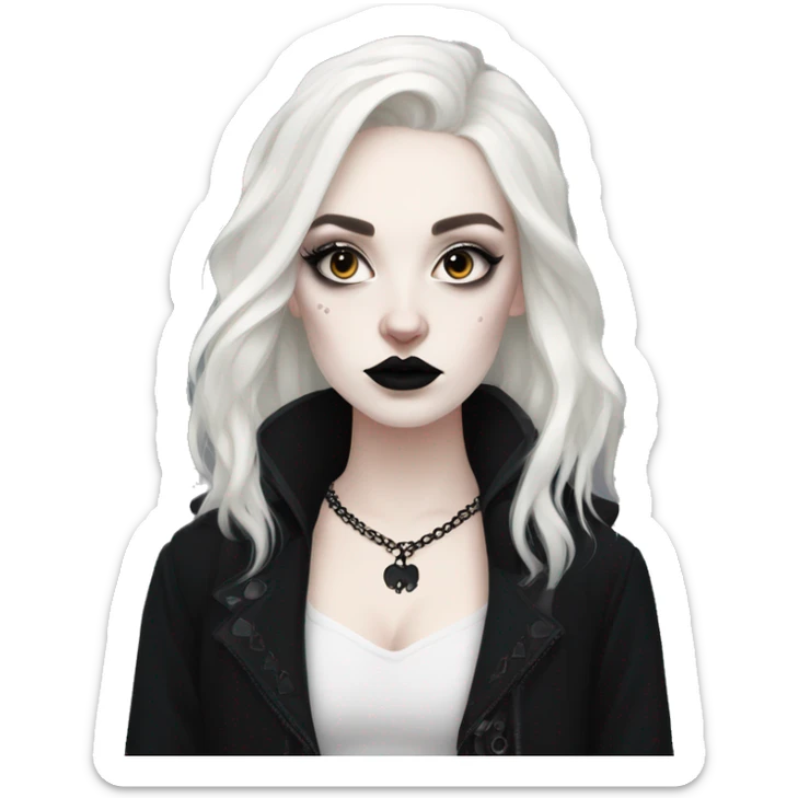 Goth girl, dressed in black, pale skin, trad goth makeup, big eyeliner, white foundation, batmests, black, thick hair sticker