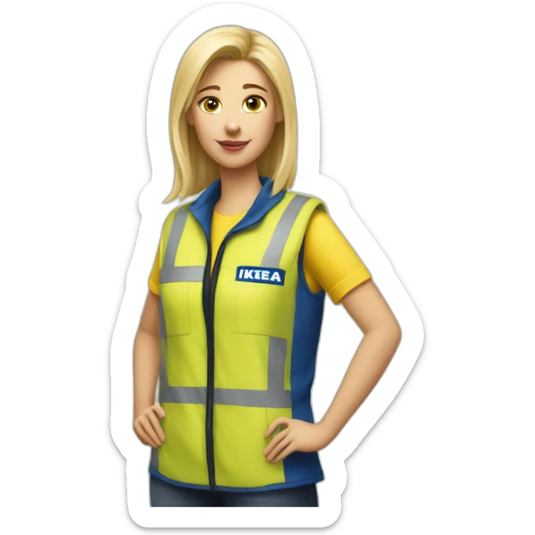 Ikea coworker blond woman blue stripes t-shirt and yellow security vest sticker