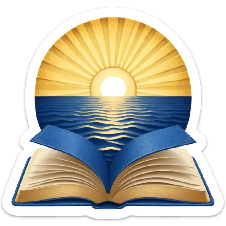 deep blue-to-golden sunrise book with textured aged cover, radiating hope, purpose, power of finding meaning in adversity sticker