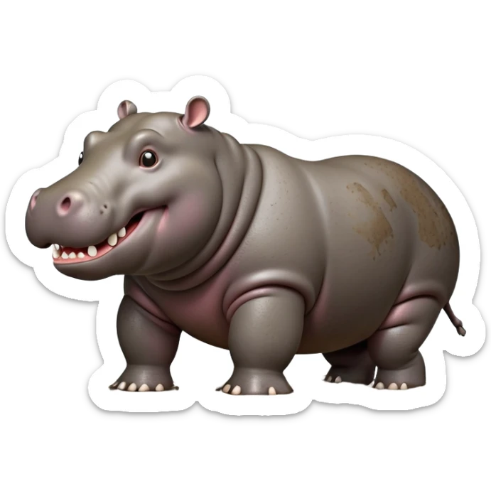 cinematic-hippo-realistic-full-body side view-standing on all fours-emoji,-massive-round-frame-partially-submerged-in-muddy-water,-wide-mouthed-grin-exposing-huge-teeth,-head-tilted-dramatically,-thick-greyish-brown-hide-glossy-from-water,-simplified-yet-realistic-focused-features,-highly-detailed,-glowing-with-an-almost-sarcastic-glow sticker