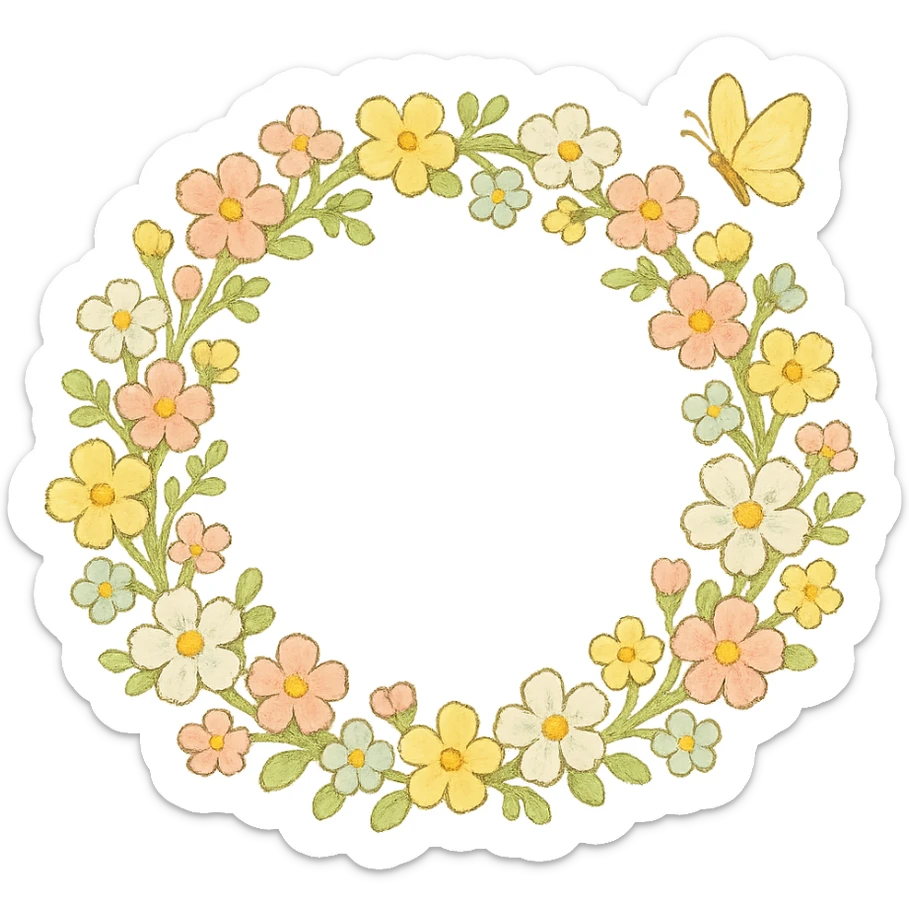 a floral wreath made of small pastel flowers with a tiny butterfly, Japanese hand-drawn, full object, transparent background sticker