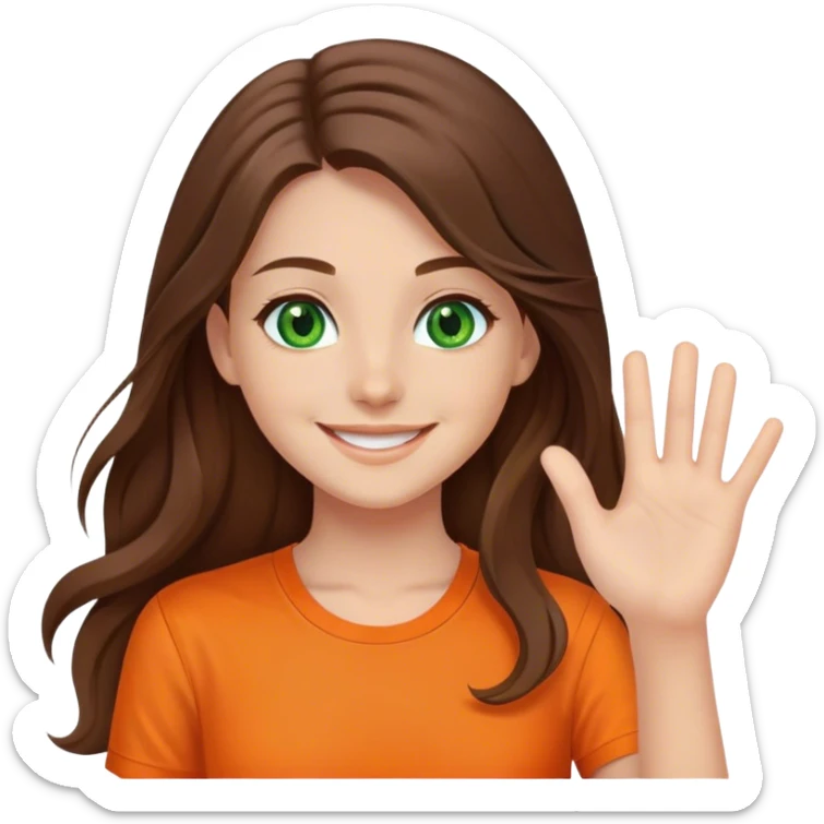 smiling girl with long brown hair, middle hair split, waving, green eyes, orange shirt sticker