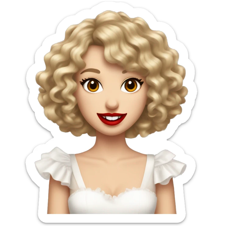 Simple Taylor Swift curly hair, number 13 on the back of her hand, wearing a frilly white dress, red lipstick, smiling, simple  sticker
